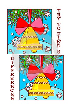 Find differences visual puzzle or picture riddle of bell christmas tree ornament with red bow.