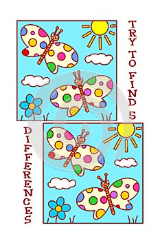 Find differences visual puzzle or picture riddle with butterflies, sun, flower.