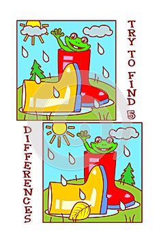 Find differences visual puzzle or picture riddle with gumboots and playful frog in rain.