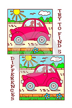 Find differences visual puzzle or picture riddle of red retro classic car with driver and his friend pet dog as passenger.