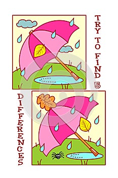 Find differences visual puzzle or picture riddle with unbrella in raining day.