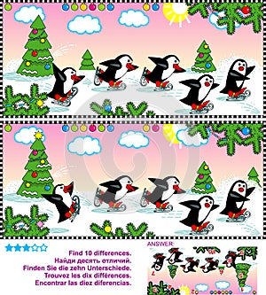 Find the differences visual puzzle - skating penguins
