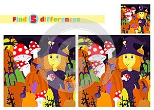 Find the differences. A witch among mushrooms, hairy hands, branches, taverns.