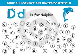 Find and dot all letters D. Educational worksheet for learning alphabet. Cute dolphin.