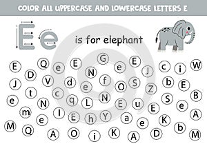 Find and dot all letters E. Educational worksheet for learning alphabet. Cute elephant.