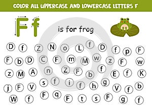 Find and dot all letters F. Educational worksheet for learning alphabet. Cute frog.