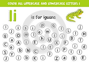 Find and dot all letters I. Educational worksheet for learning alphabet. Cute green iguana.