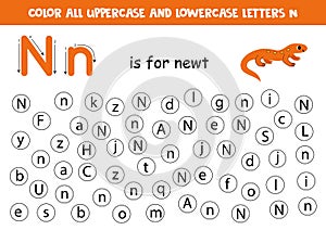 Find and dot all letters N. Educational worksheet for learning alphabet. Cute newt.