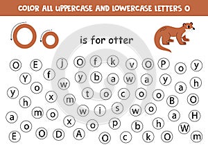 Find and dot all letters O. Educational worksheet for learning alphabet. Cute otter.