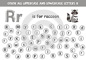 Find and dot all letters R. Educational worksheet for learning alphabet. Cute raccoon.