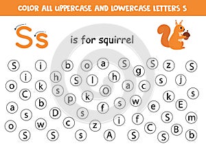 Find and dot all letters S. Educational worksheet for learning alphabet. Cute squirrel.