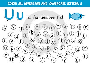 Find and dot all letters U. Educational worksheet for learning alphabet. Cute unicorn fish.