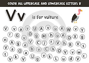 Find and dot all letters V. Educational worksheet for learning alphabet. Cute vulture.
