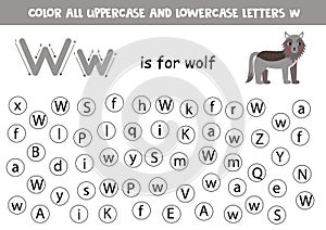 Find and dot all letters W. Educational worksheet for learning alphabet. Cute wolf.
