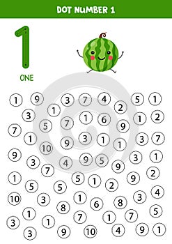 Find and dot number one. Learning number 1 with cute watermelon. Educational worksheet.