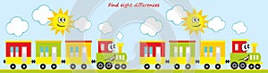 Find eight differences, game for children, train and sun, vector illustration, eps.