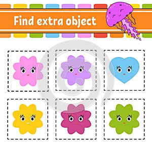 Find extra object. Educational activity worksheet for kids and toddlers. Game for children. Cute characters. Simple flat color