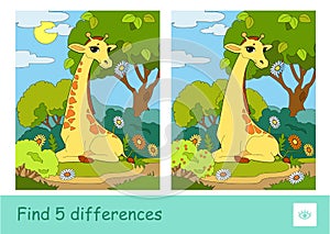 Find five differences quiz children game with image of a giraffe eating a flower who sits in a woodland. Wild animals, mammals and