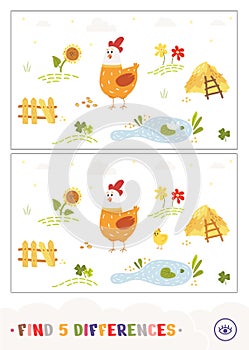 Find five differences quiz game with a cartoony chicken walking on a countryside farm bird yard