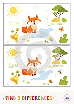 Find five differences quiz learning children game with a fox and sitting near the forest stream