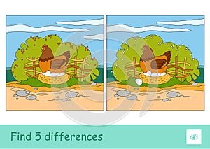Find five differences quiz learning children game with image of brood chicken sitting on eggs in nestle on countryside photo