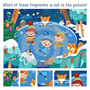 Find hidden fragments. Game for children. Cute boys and girl go ice skating in winter. Animal in forest. Winter scene in