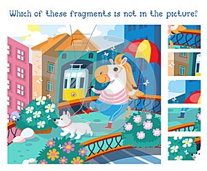 Find hidden fragments. Game for children. Cute horse with dog in city. Vector illustration of cartoon characters. photo