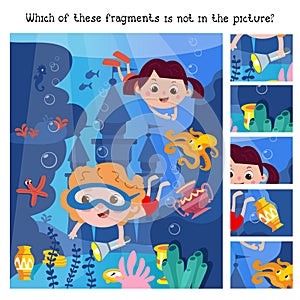 Find the hidden fragments. Game for kids. Children swim underwater with fish, octopus, sea creatures. Castle and photo