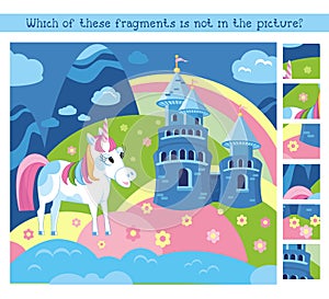 Find the hidden fragments. Puzzle game for children. Cute unicorn and castle with towers. Cartoon character vector