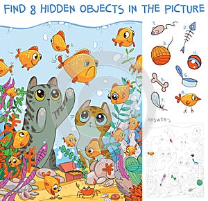 Find hidden objects. Cats looking at fish in an aquarium