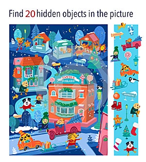 Find 20 hidden objects in picture. Christmas village with cute characters and buildings. Children Game. Activities photo