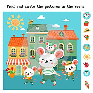 Find hidden objects in picture. Educational puzzle game for children Cute cartoon stylised mice in city eating ice cream photo