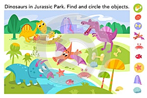 Find hidden objects in picture. Educational puzzle game for kids. Cute flat simple dinosaurs in Jurassic Park. Vector photo