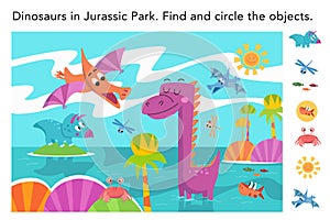 Find hidden objects in picture. Educational puzzle game for kids. Cute flat simple dinosaurs in Jurassic Park. Vector photo