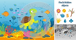 Find hidden objects. Puzzle game kids with fish. Underwater fun brain teaser looking different items. Swimming sea