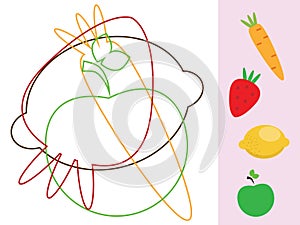 Find hidden objects and shapes. Educational game. Vegetables and fruits. Activity for toddlers and children