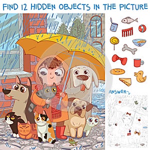Find hidden objects. Under umbrella. Little girl protects homeless pets from rain