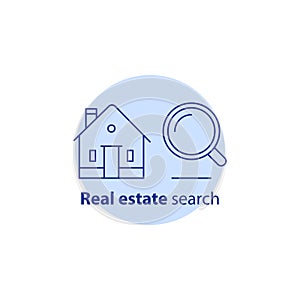 Find home concept logo, real estate search services, magnifying glass, residential building, vector stroke icon