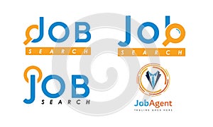 Find Job Logo. Search Job. With magnifying glass icon on a blue and orange color. Premium, simple, and luxury vector design