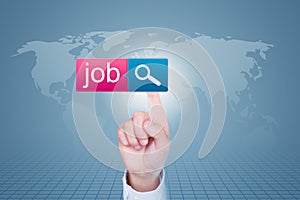 Find a job online. Man clicks on virtual button with text to find job. Business, technology, internet and networking concept