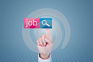 Find a job online. Man clicks on virtual button with text to find job. Business, technology, internet and networking concept