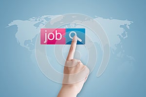 Find a job online. Man clicks on virtual button with text to find job. Business, technology, internet and networking concept
