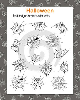 Find and join similar Halloween spider webs educational activity for children, outline hand drawn vector illustration