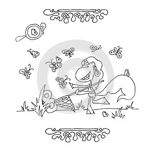 Find Letter B. Funny cartoon unicorn. Animals alphabet a Coloring page. Printable worksheet. Unicorns with a butterfly net catches