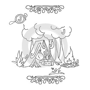 Find Letter J. Funny cartoon unicorn. Animals alphabet a Coloring page. Printable worksheet. Unicorns resting in a tent in the woo