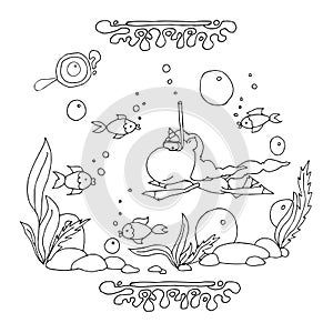 Find Letter O. Funny cartoon unicorn. Animals alphabet a Coloring page. Printable worksheet. Unicorns swims underwater in an under