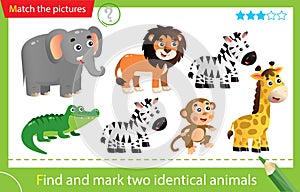 Find and mark two identical animals. Puzzle for kids. Matching game, education game for children. Color images of animals of