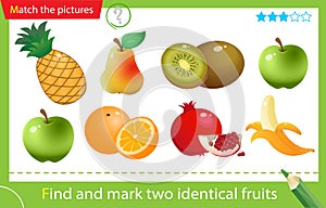 Find and mark two identical items. Puzzle for kids. Matching game, education game for children. Color image of fruits. Banana,