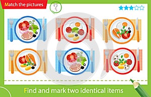 Find and mark two identical items. Puzzle for kids. Matching game, education game for children. Color image of portion lunch or