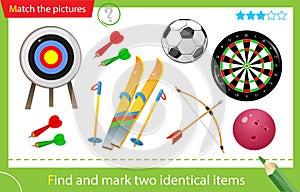 Find and mark two identical items. Puzzle for kids. Matching game, education game for children. Color images of sports equipment.